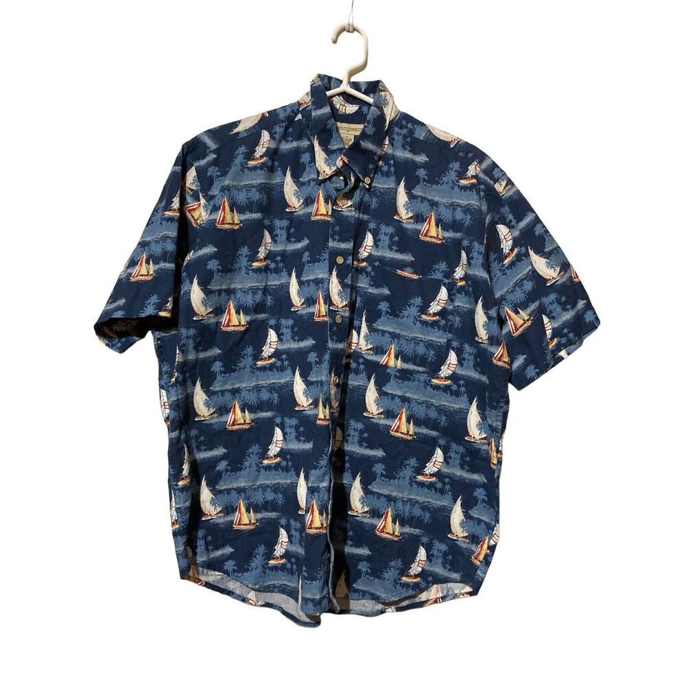 VTG Munsingwear Hawaiian Button Up Shirt Men's Large Tropical Blue‎ Nautical